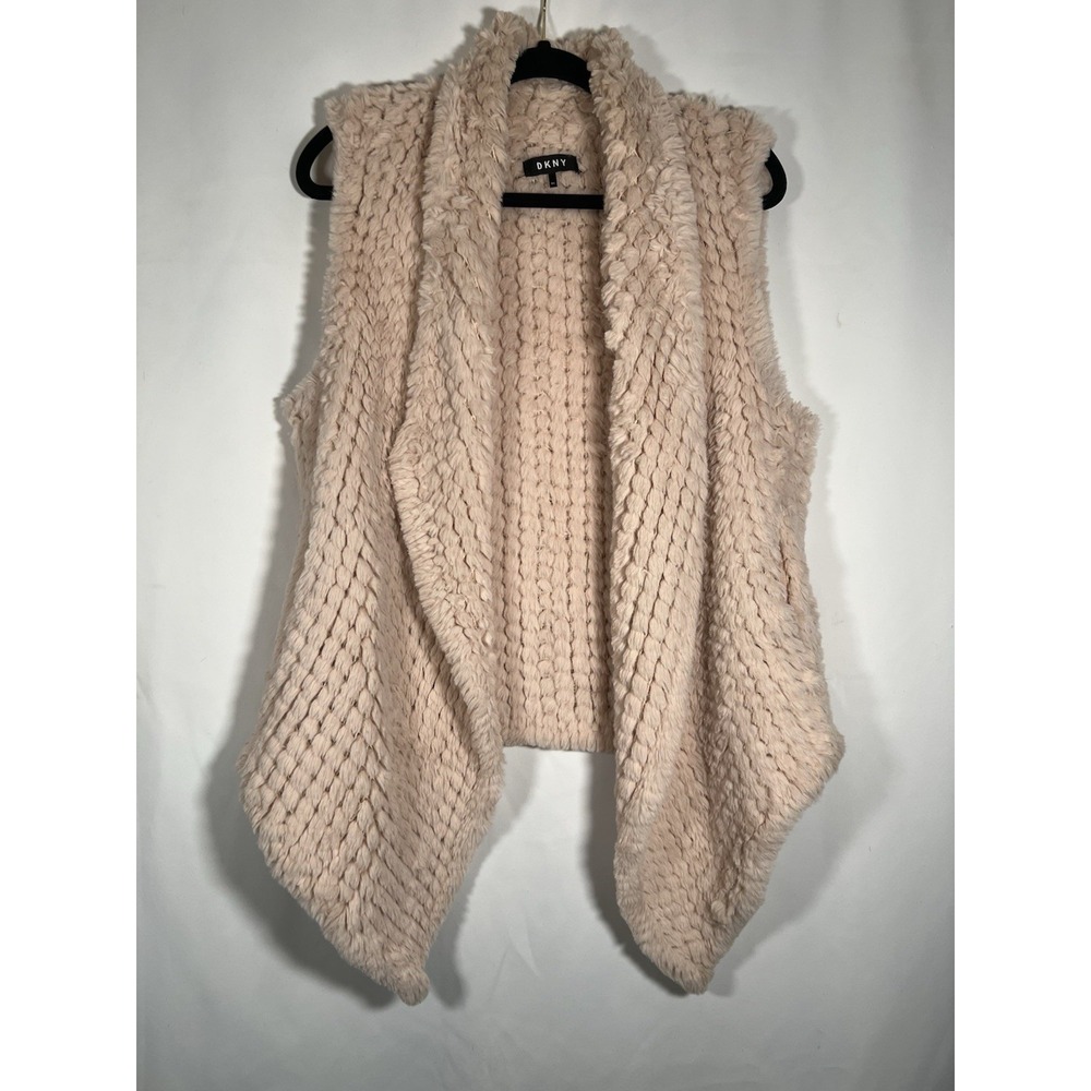 DKNY Women's Faux Fur Vest Pink Size M/L Asymmetrical Hem Open Front